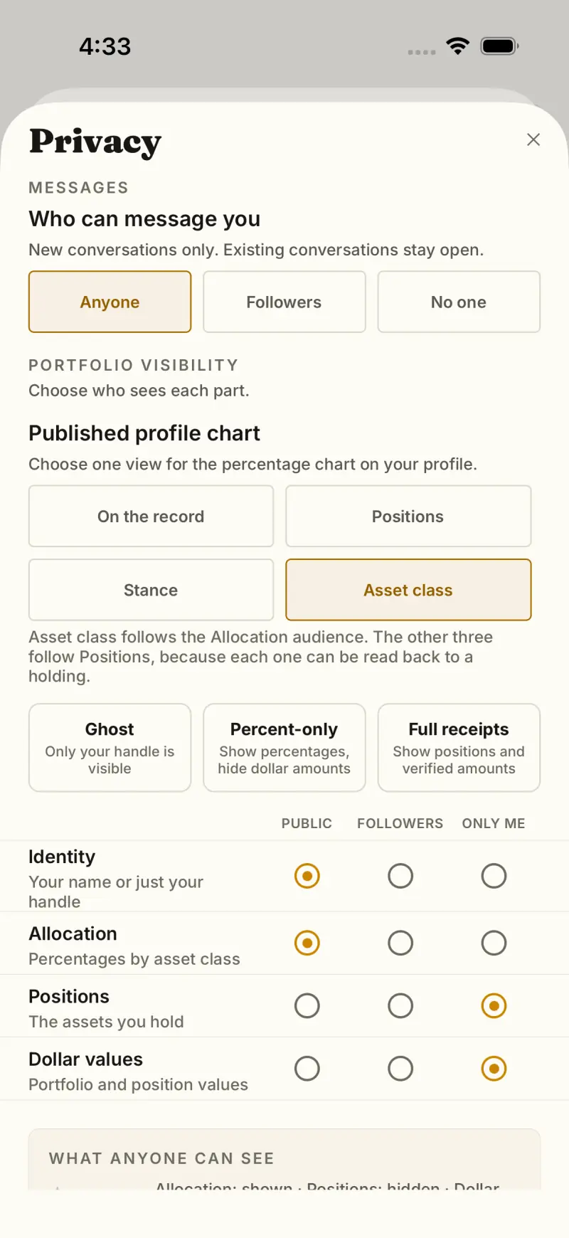 The privacy studio: who can message you, published-profile-chart options, and a public / followers / only-me matrix for identity, allocation, positions and dollar values.
